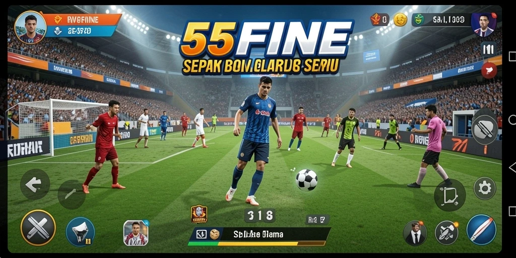 Screenshot utama 55FIVE menampilkan momen seru dalam permainan sepak bola.