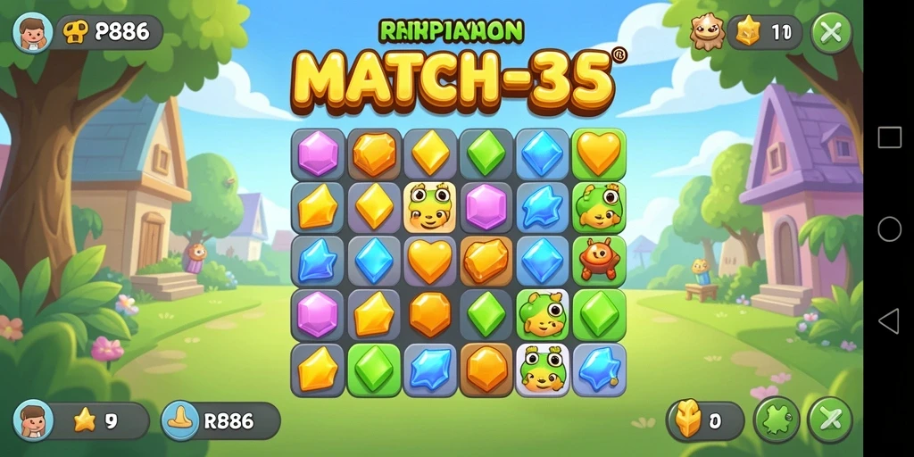 Tampilan screenshot RP886 menampilkan gameplay Match-3 yang menarik.