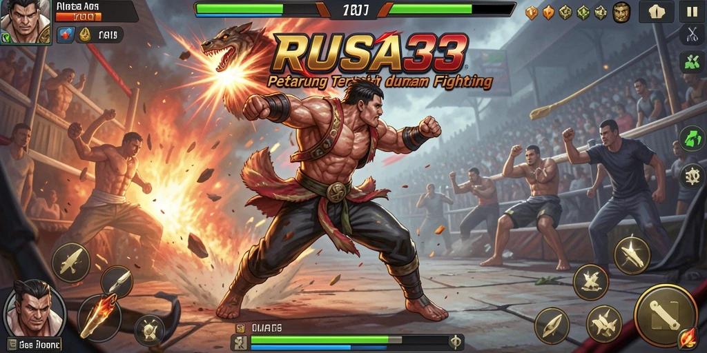 Tampilan screenshot RUSA33 menunjukkan karakter bertarung dalam arena yang penuh aksi.